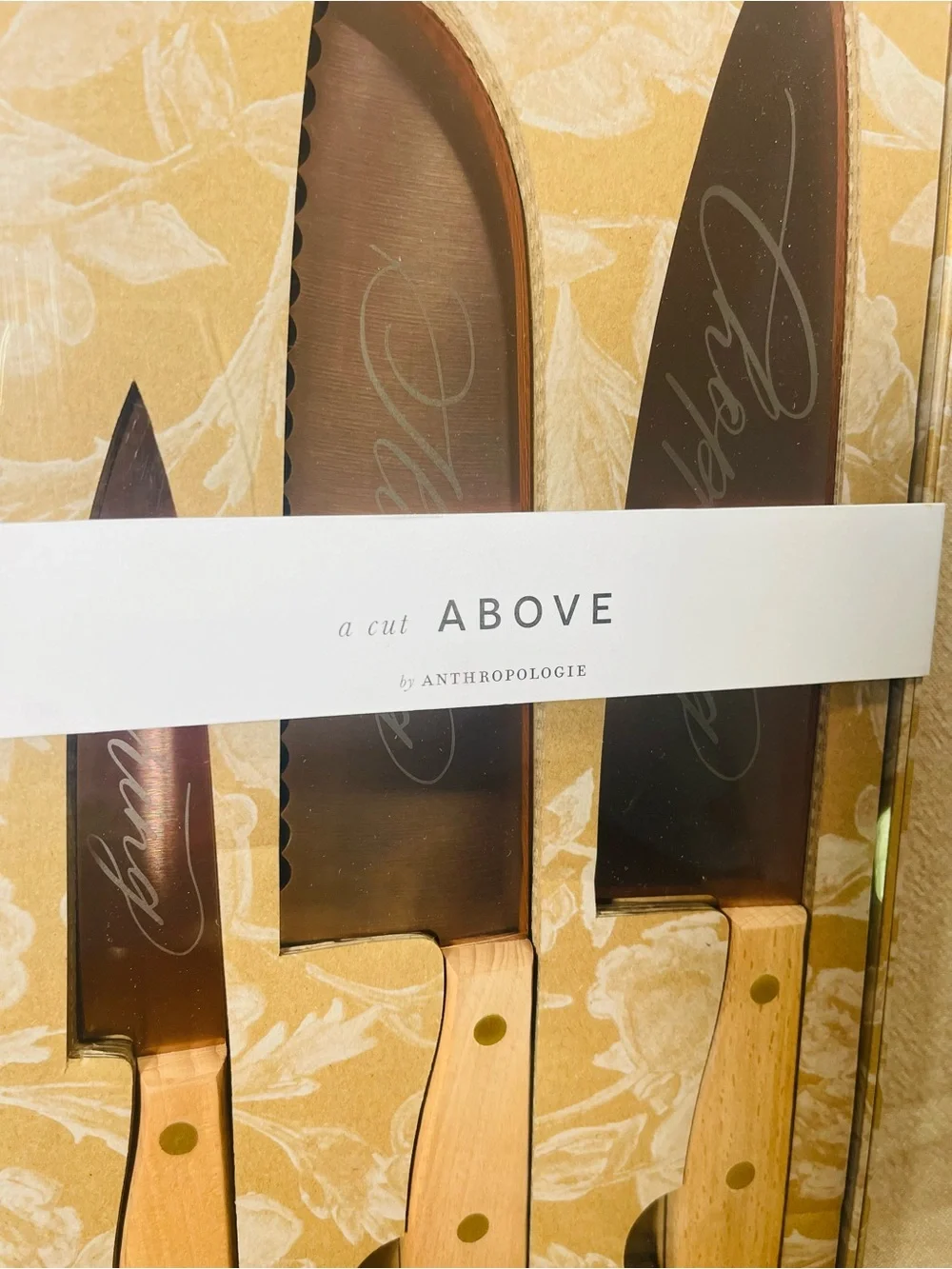 Anthropologie Brown Blade Knife Set with Light Wood Handles
